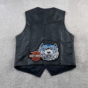 Putnam PLG‎ Leather Vest Mens Medium Black Harley Davidson Wolf Patch Biker